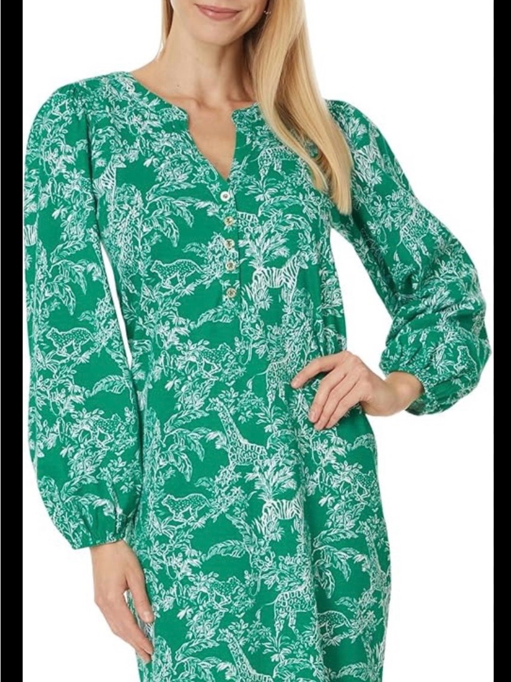 Lilly Pulitzer  Emory Dress Emerald Green Printed Long Sleeve Button-Front Dress